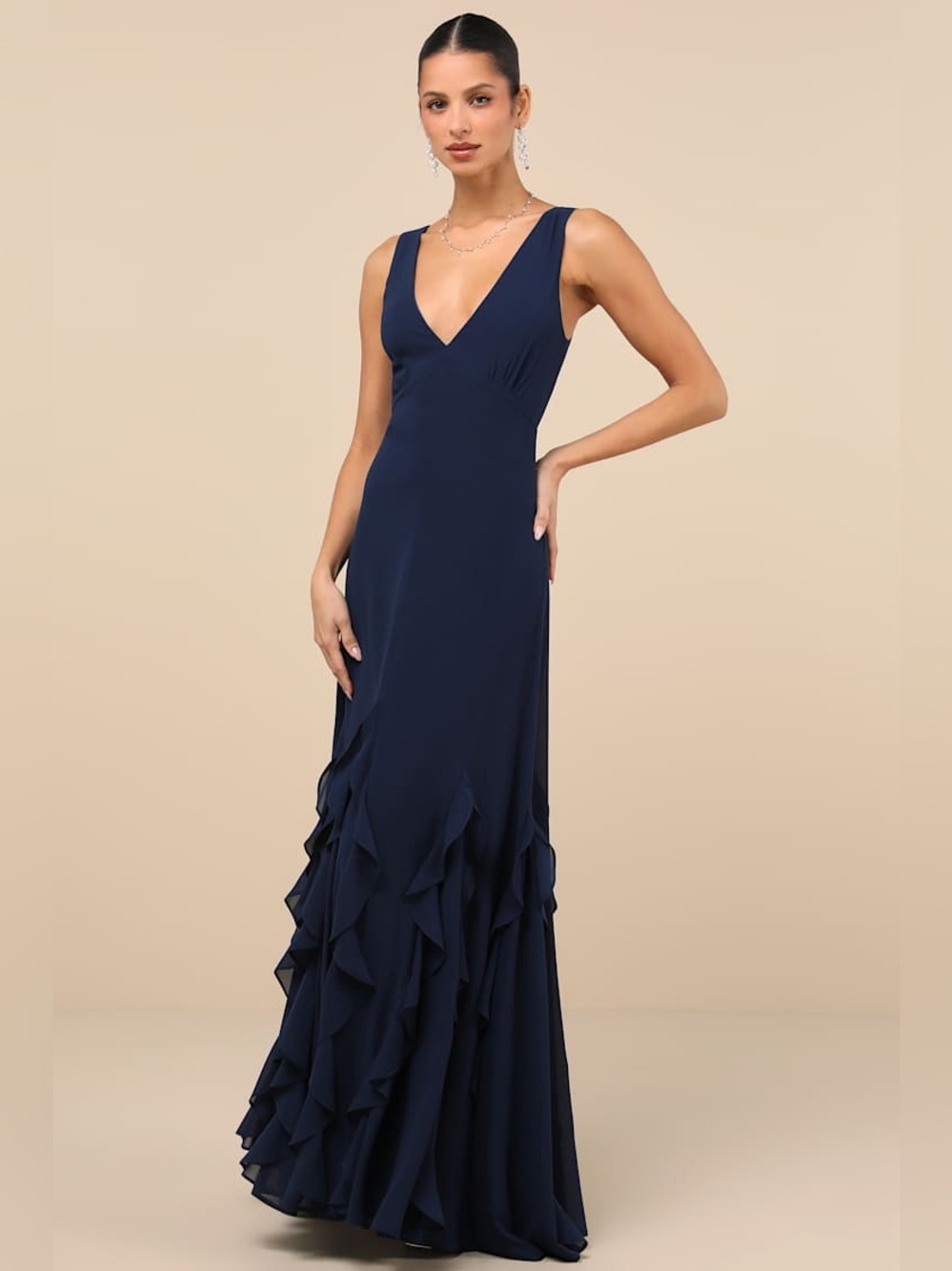 Lulus Alorna Dark Navy Sleeveless Ruffled Maxi Dress